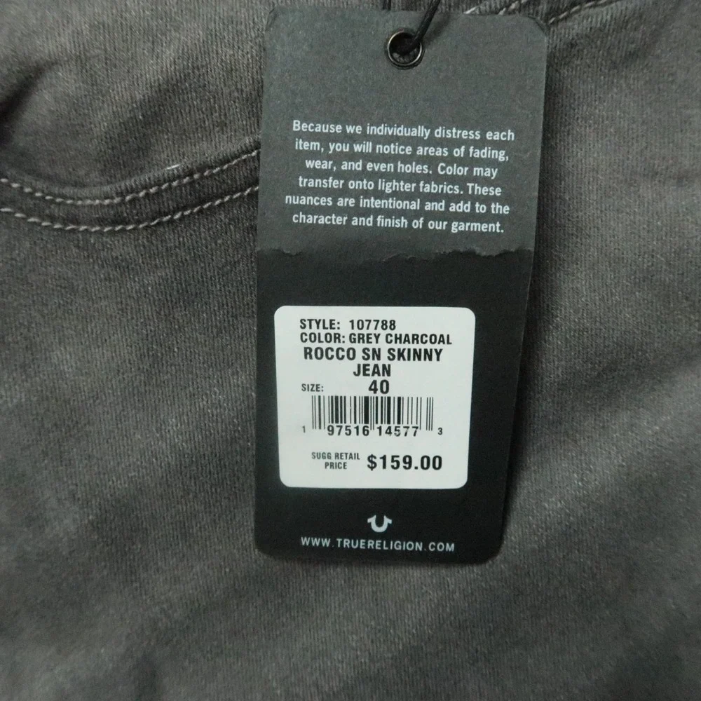 True Religion Jeans Mens 40x32‎ Gray Charcoal Rocco Relaxed Skinny No Flap NWT